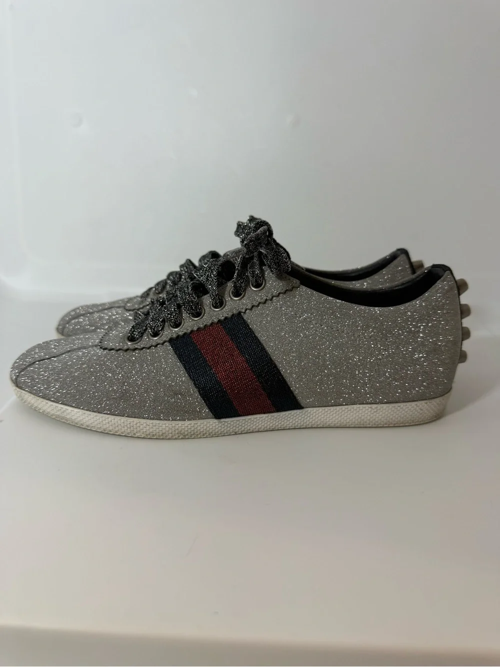 Gucci silver Glitter Sneakers with Red end black web stripe